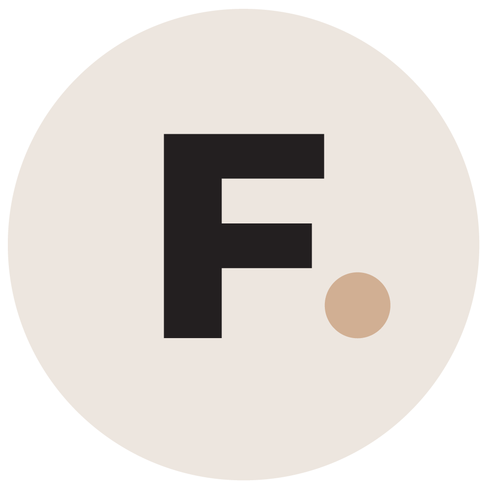 Letter 'F' with a dot in a minimalist beige circle design