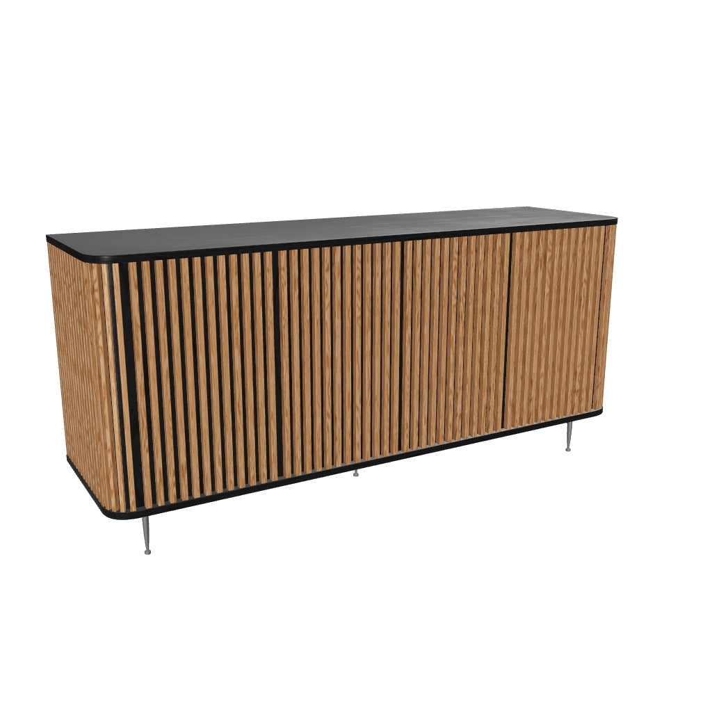 Contemporary Linea Sideboard with bold oak strip panels and black interior, made from FSC Certified American White Oak. Style: modern.