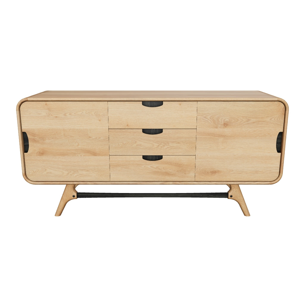 Scandinavian Flow sideboard with brushed accents and interchangeable handles, featuring sleek bevelled edges for modern design.