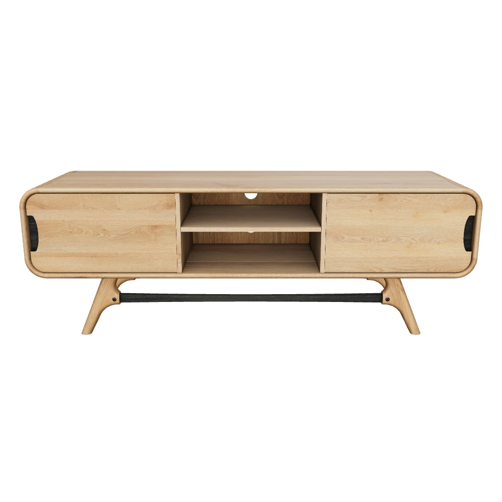 Scandinavian Flow TV Unit with sleek beveled edges, brushed accents, and interchangeable handles in natural timber finish.
