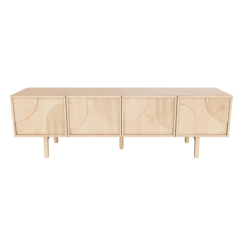 Art Deco oak TV stand with retro glam design, featuring intricate geometric patterns, perfect for contemporary interiors.