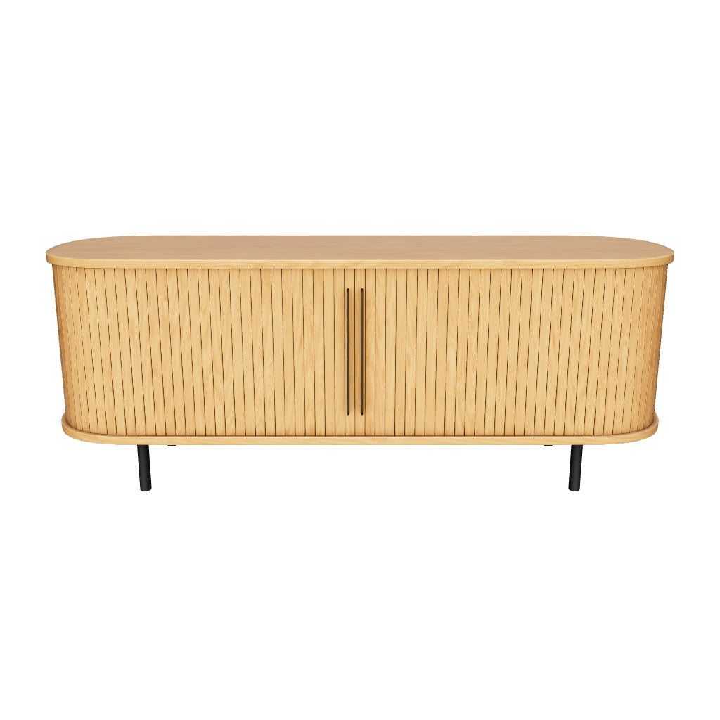 Palliser TV unit with linear oak slatted design, showcasing understated elegance in a modern, minimalist style.