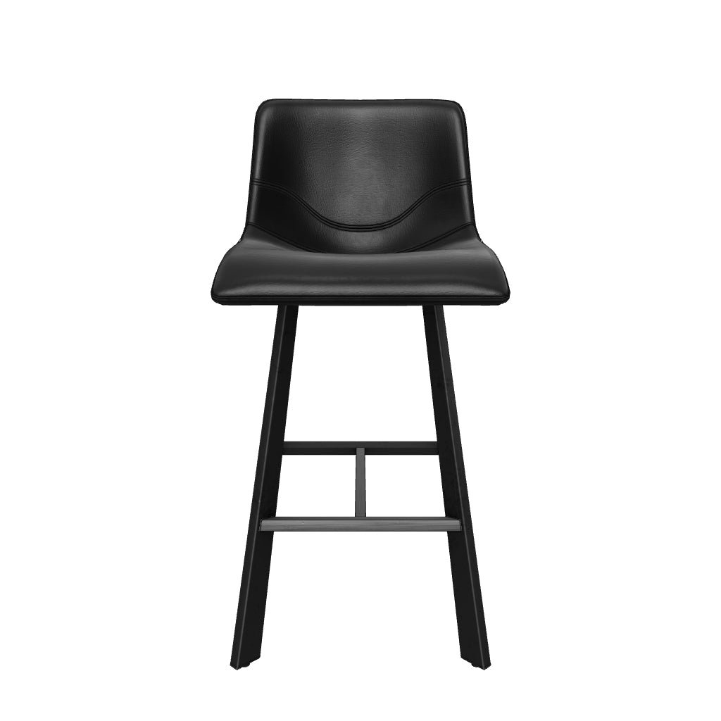 Industrial style black rustic bar stool with contoured seat and metal legs, perfect for chic, durable seating.
