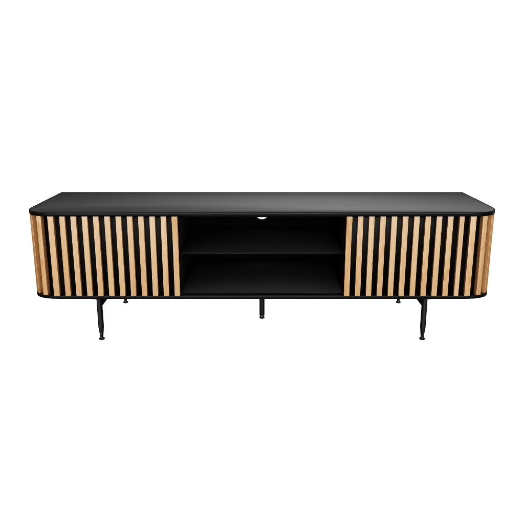 Contemporary Linea Entertainment Unit with bold oak strip panels and sleek black interior, FSC certified American white oak.