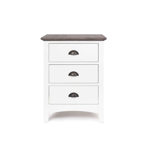 Provence three-drawer bedside table, angled front view