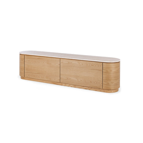Akita natural oak entertainment unit with travertine top, product view