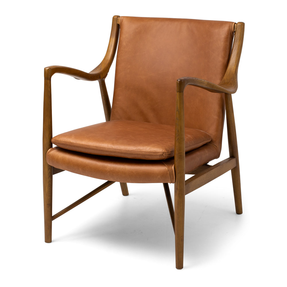 Finn Armchair, mid-century design, solid ash wood, leather upholstery with vintage vibe, inspired by Finn Juhl 45, front view