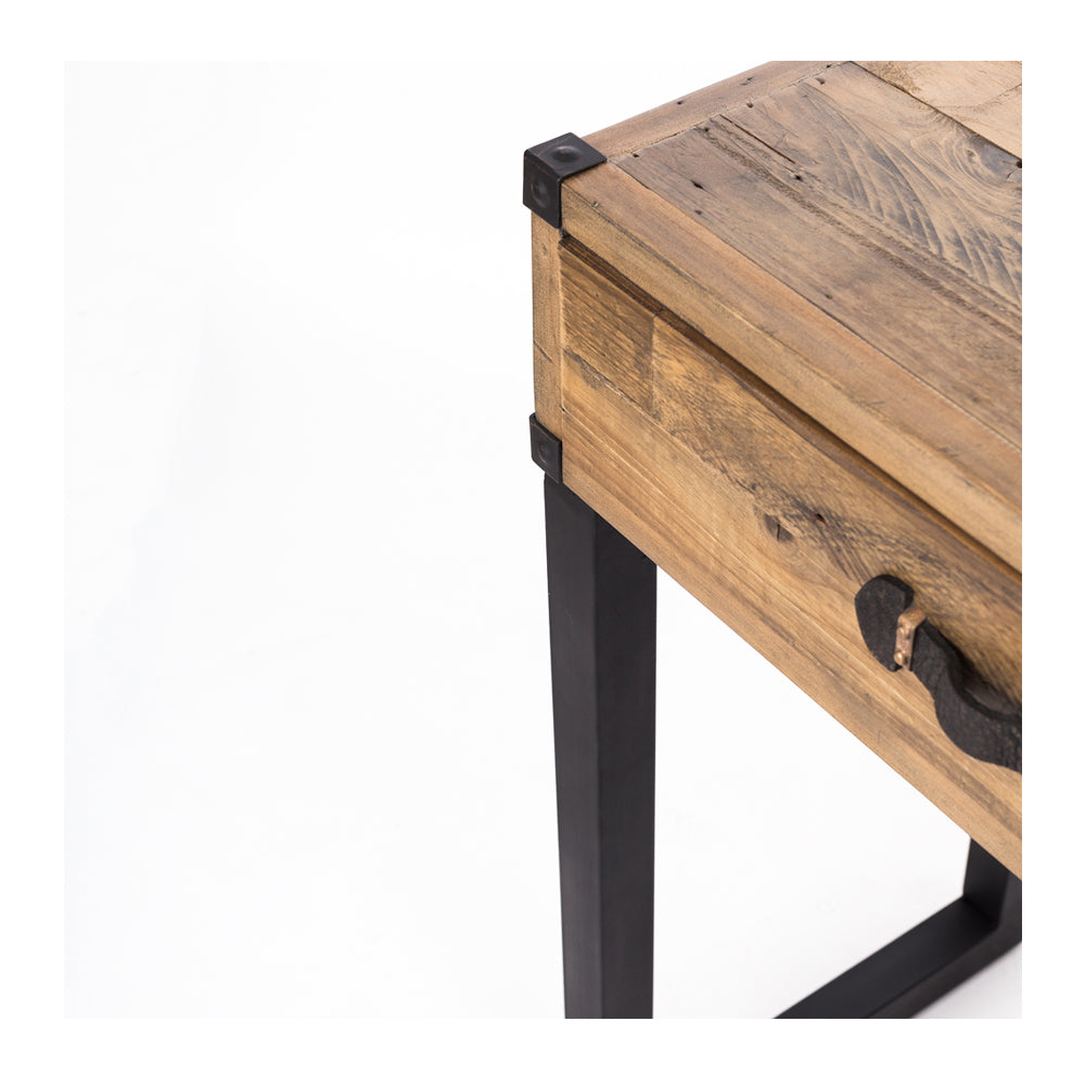 
                      
                        Close-up of eco-friendly Woodenforge Hall Table with rustic reclaimed wood and sturdy black metal legs. Sustainable elegance.
                      
                    