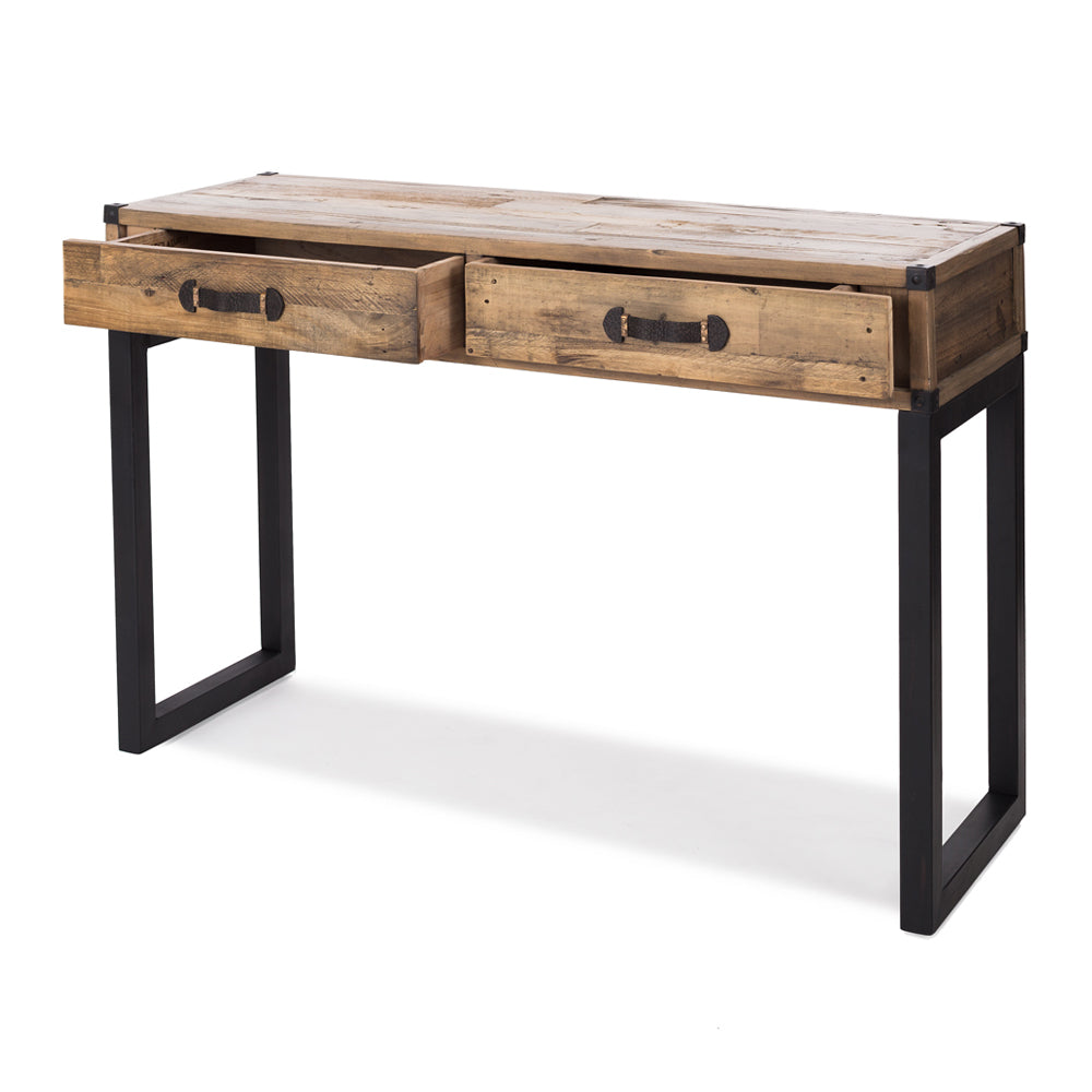 
                      
                        Rustic Woodenforge hall table with eco-friendly reclaimed materials and sturdy black legs, showcasing sustainable craftsmanship.
                      
                    