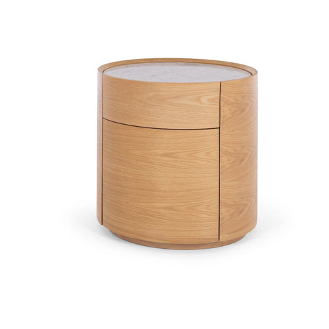 Muse natural oak bedside table with a white Carrara marble top