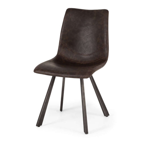 Dark brown Rustic dining chair with curved padded seat and metal frame