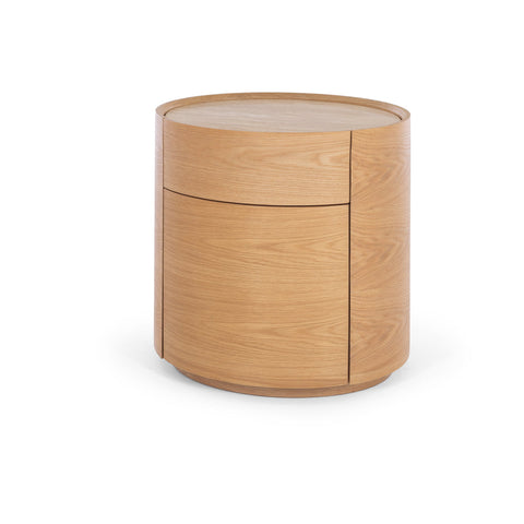 Muse natural oak bedside table with travertine top, product view