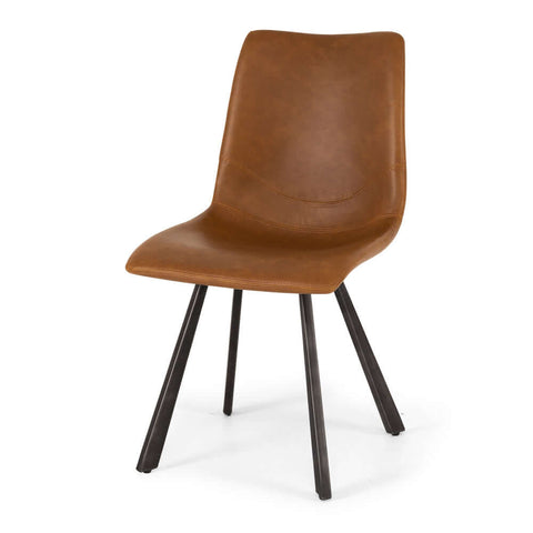 Cognac Rustic dining chair with curved padded seat and metal frame