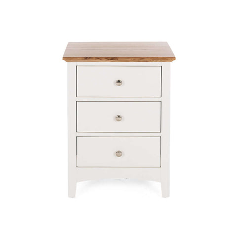 Jessica white and oak three-drawer bedside, front view