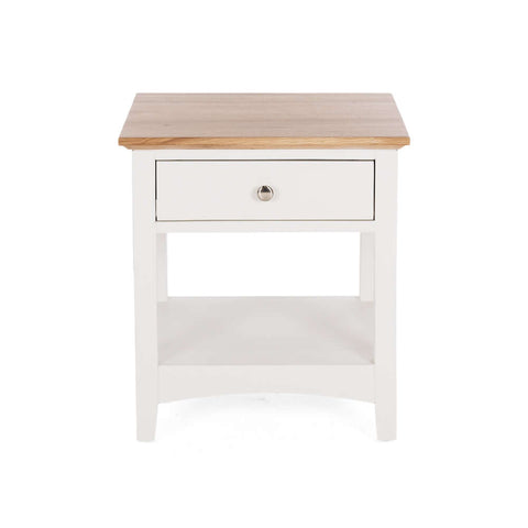 Jessica white and oak one-drawer bedside table, front view