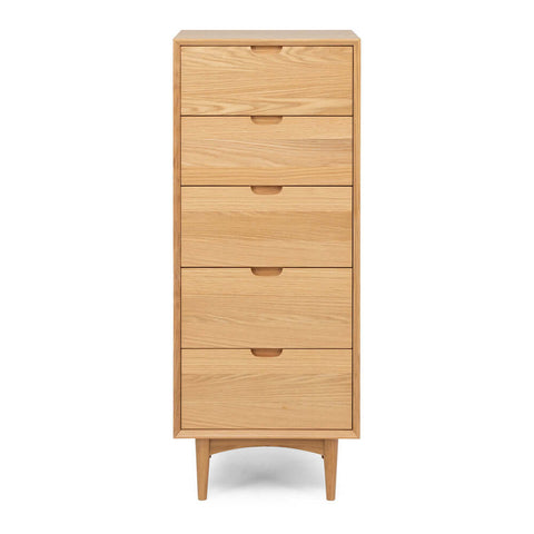 Oslo five-drawer oak tallboy, angled front view