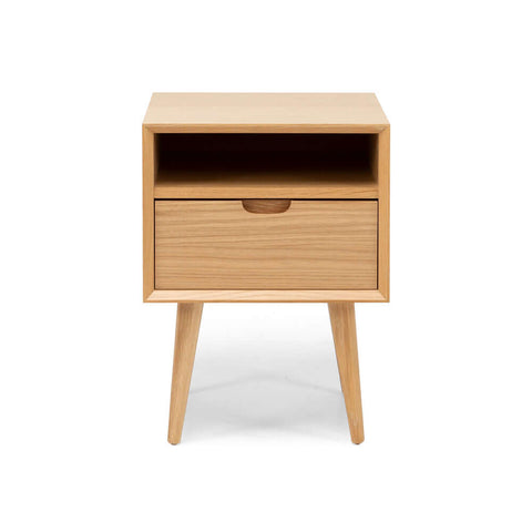 Oslo square oak bedside table, angled front view