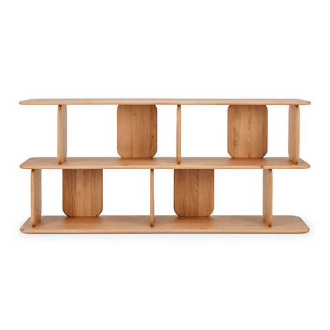 Panel low organic oak bookcase, angled front view