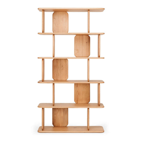 Panel tall organic oak bookcase, angled front view