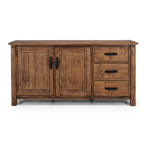 Solid pine sideboard with three drawers, two cupboards and black metal handles on a white background, shown from a front view