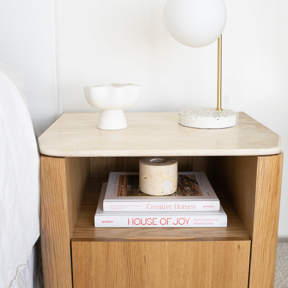 
                      
                        Stash 1 Drawer Bedside - Travertine Top
                      
                    