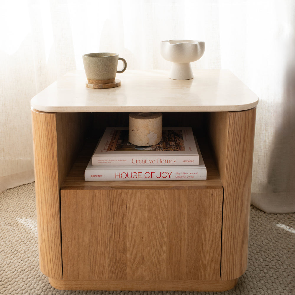 
                      
                        Stash 1 Drawer Bedside - Travertine Top
                      
                    