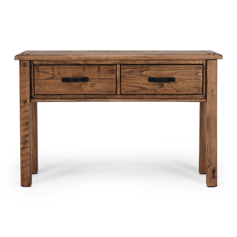 Solid pine console table with two drawers and black metal handles on a white background, shown from a front view