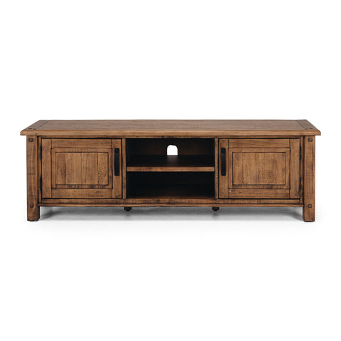 Solid pine TV unit with two cupboards, a central cavity with a middle shelf and cable outlet, and black metal handles, on a white background, shown from a front view
