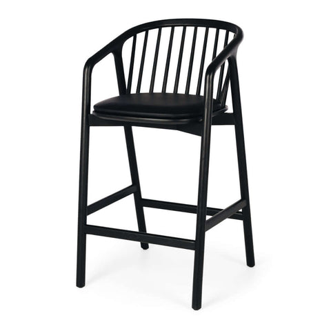 Nord black oak high-back bar stool, angled front view