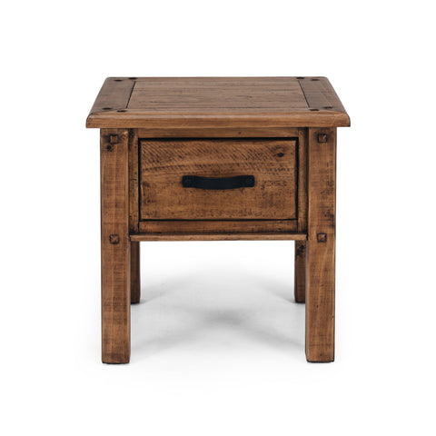 Solid pine lamp table with one drawer and black metal handle on a white background, shown from a front view