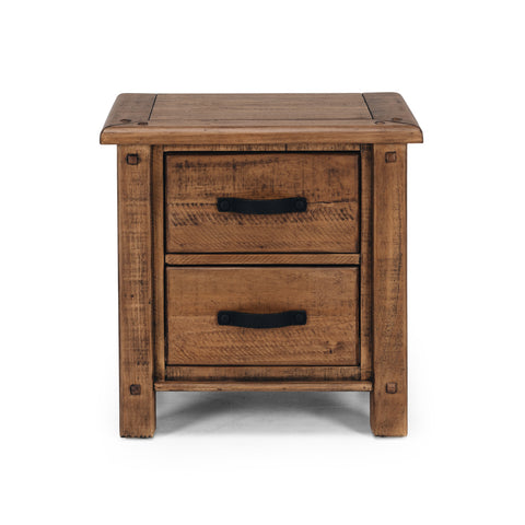 Solid pine two drawer bedside table with black metal handles on a white background, shown from a front view