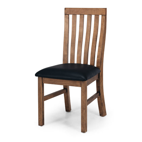 Oberon rustic pine dining chair with black padded seat, angled front view