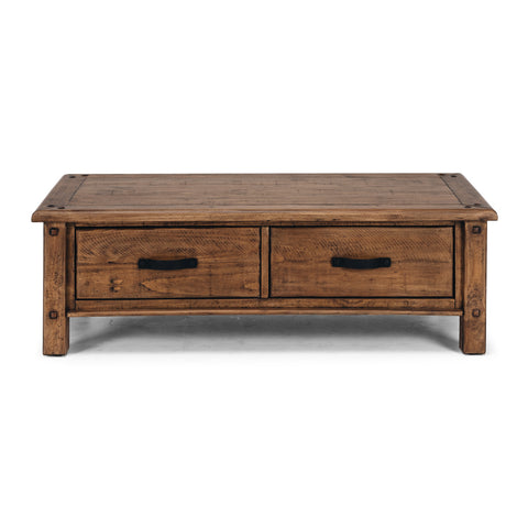 Solid pine coffee table with two drawers and black metal handles on a white background, shown from a front view
