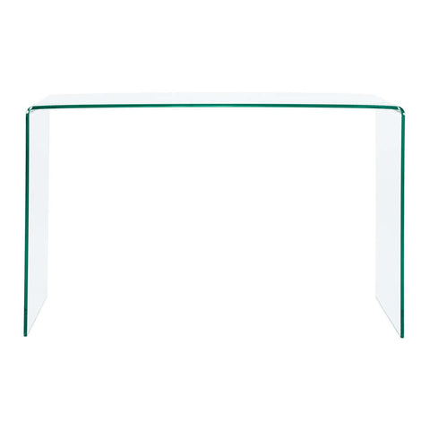 Ghost clear glass console table, angled view