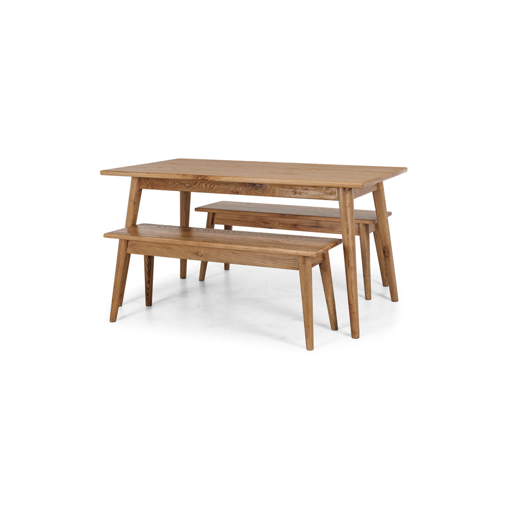 
                      
                        Reeves Dining Bench and table set with solid smoked oak and tapered legs
                      
                    