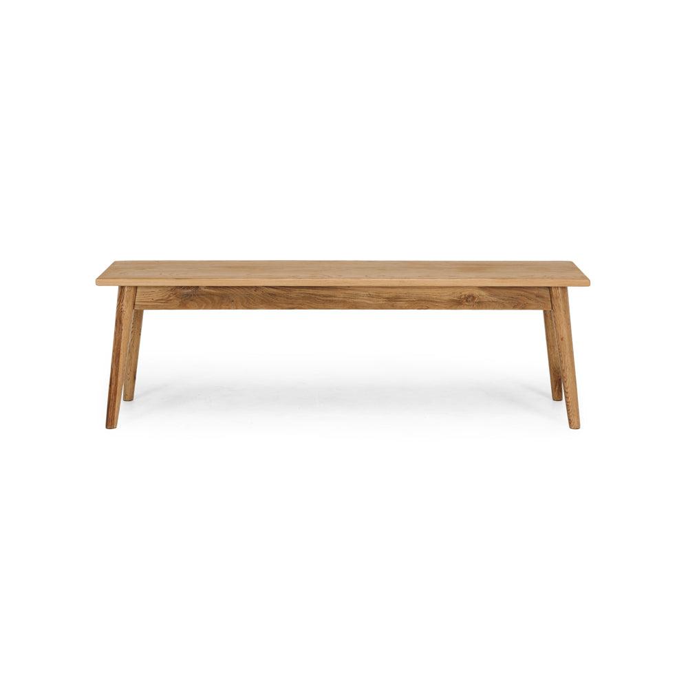 
                      
                        Reeves Dining Bench crafted from smoked oak with tapered legs, showcasing natural grain and polished finish for style and durability.
                      
                    