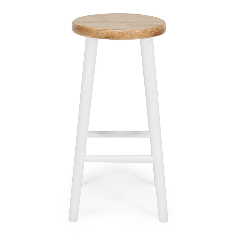 
                      
                        Rye Bar Stool in Rustic White with round oak seat and streamlined silhouette, perfect for compact spaces, showcasing natural grain and warmth.
                      
                    