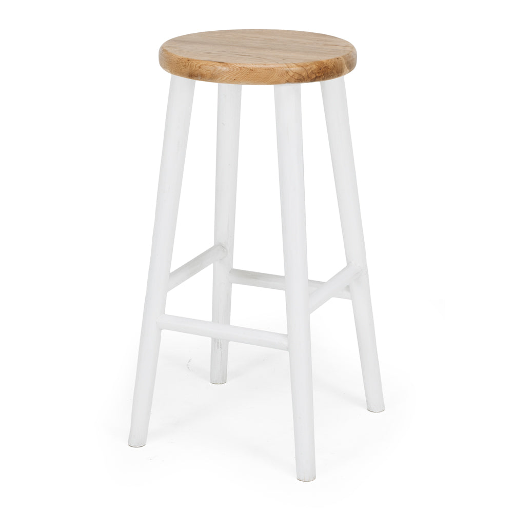 
                      
                        Rye Bar Stool in Rustic White with oak round seat, featuring simple design and sturdy legs for compact spaces.
                      
                    