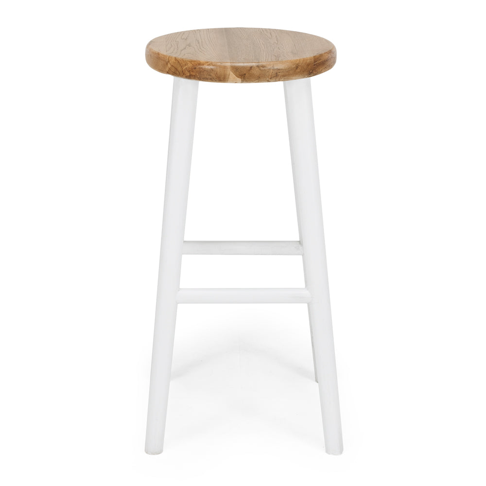 
                      
                        Rustic white Rye bar stool with round oak seat and white legs, ideal for compact spaces and everyday use.
                      
                    