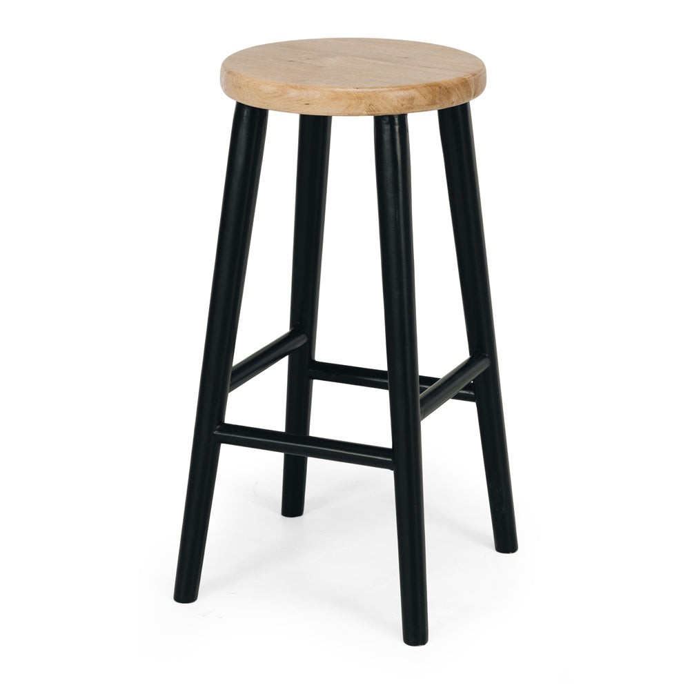 
                      
                        Rye Oak Bar Stool in Rustic Black with round oak seat and sturdy black legs, ideal for compact spaces and versatile use.
                      
                    