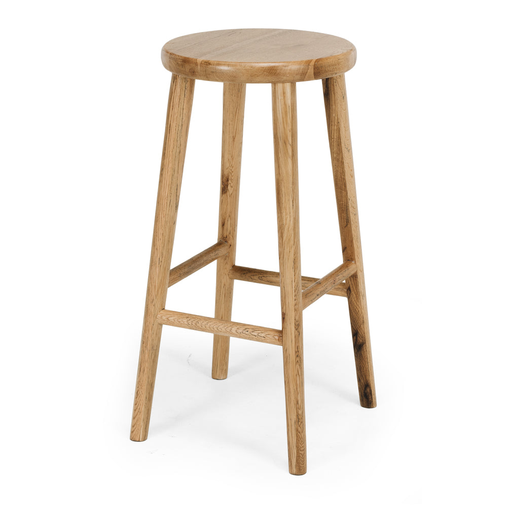 Natural oak bar stool with a round seat, ideal for compact spaces, offering comfort and style with a streamlined silhouette.