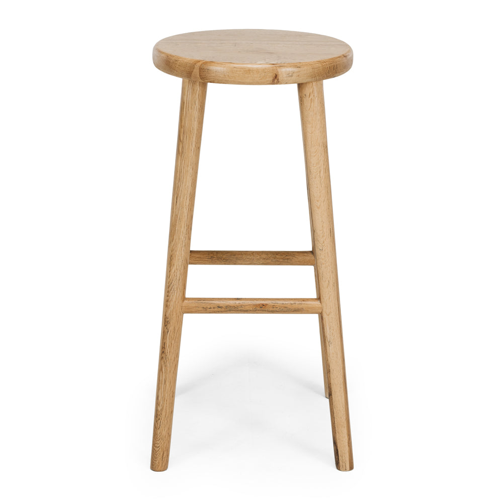 
                      
                        Natural oak Rye bar stool with round seat and sturdy legs, designed for comfort and versatility, perfect for compact spaces.
                      
                    