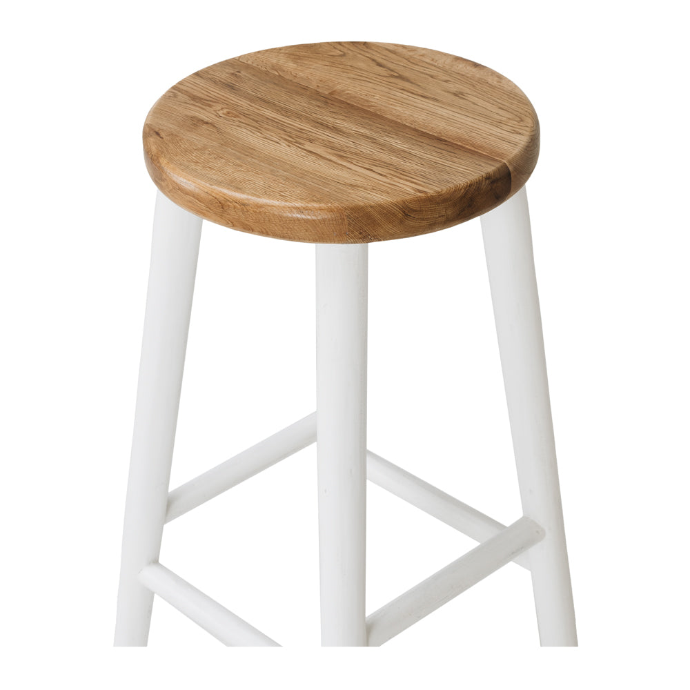 
                      
                        Rye Bar Stool in Rustic White with oak seat, minimalist design, ideal for small spaces, sturdy and stylish for kitchen or bar.
                      
                    