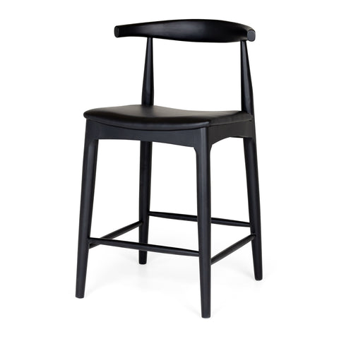 Black oak Elbow bar stool with curved back and black padded seat