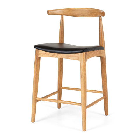 Natural oak Elbow bar stool with curved back and black padded seat