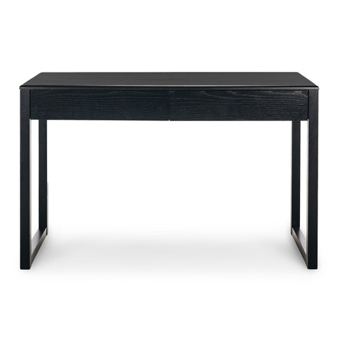 Avalon black oak desk with drawer storage, angled view