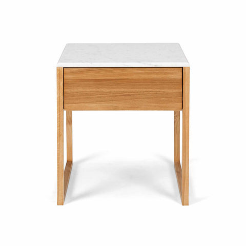 Avalon natural oak side table with Carrara marble top and drawer, view 1