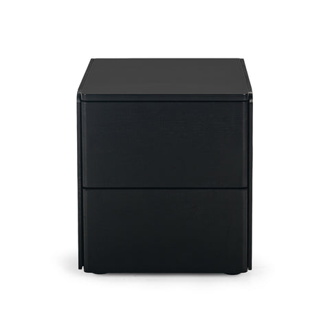 Black oak Cube bedside table with two push-to-open drawers, view 1