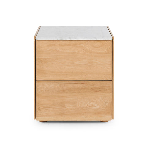 Natural oak Cube bedside table with marble top and two drawers, view 1