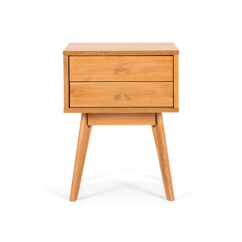 Radius oak two-drawer bedside table, angled front view